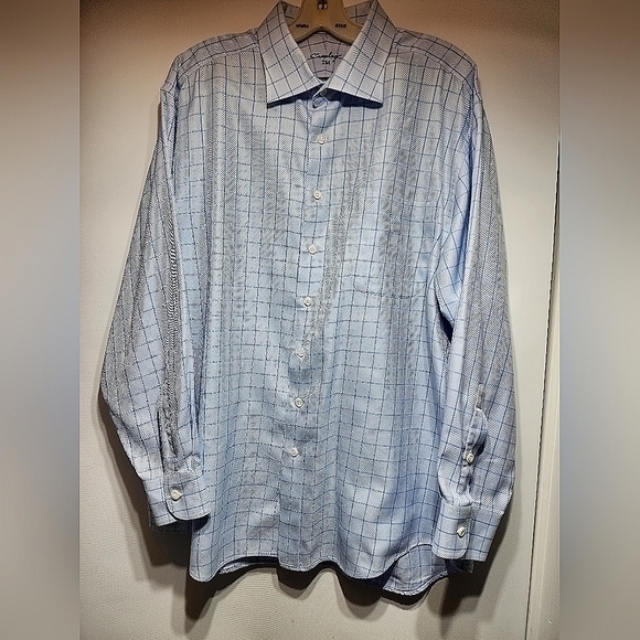 Coppley Men's Blue Check Pattern Button Down Point Collar Tailor Made Shirt - Picture 3 of 16